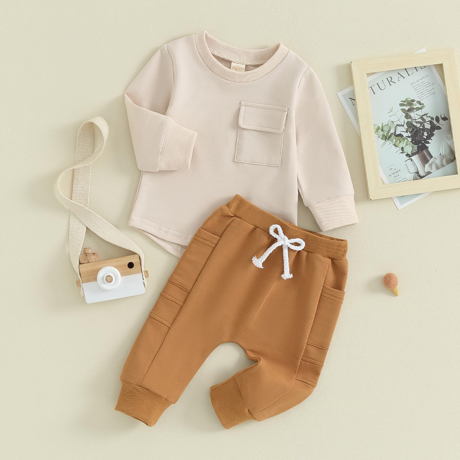 Kuriozud Toddler Baby Boy Clothes Crewneck Pullover Sweatshirt with Pocket Jogger Pants Set Fall Winter Outfit (Pocket Apricot, 2-3T)
