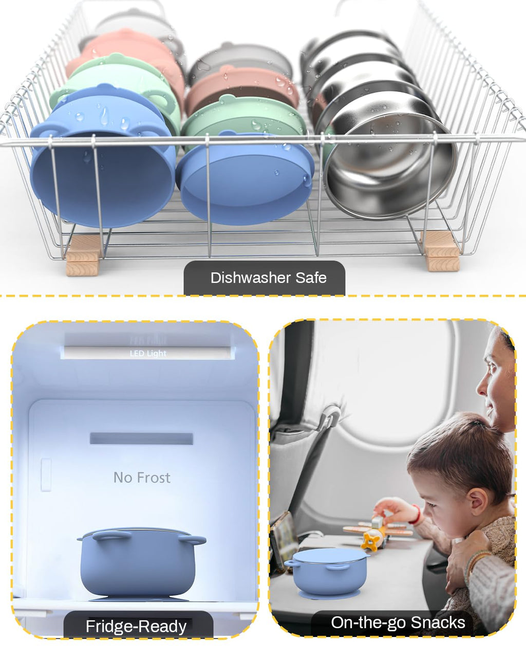 Bakpoco Baby Suction Bowls with Lids 4-Pack, 2-in-1 Stainless Steel 304 Toddler Bowl & Removable Silicone Suction Kids Bowl Plate Set Non Toxic Snack Dishes for Self-Feeding, Sunrise Meadow