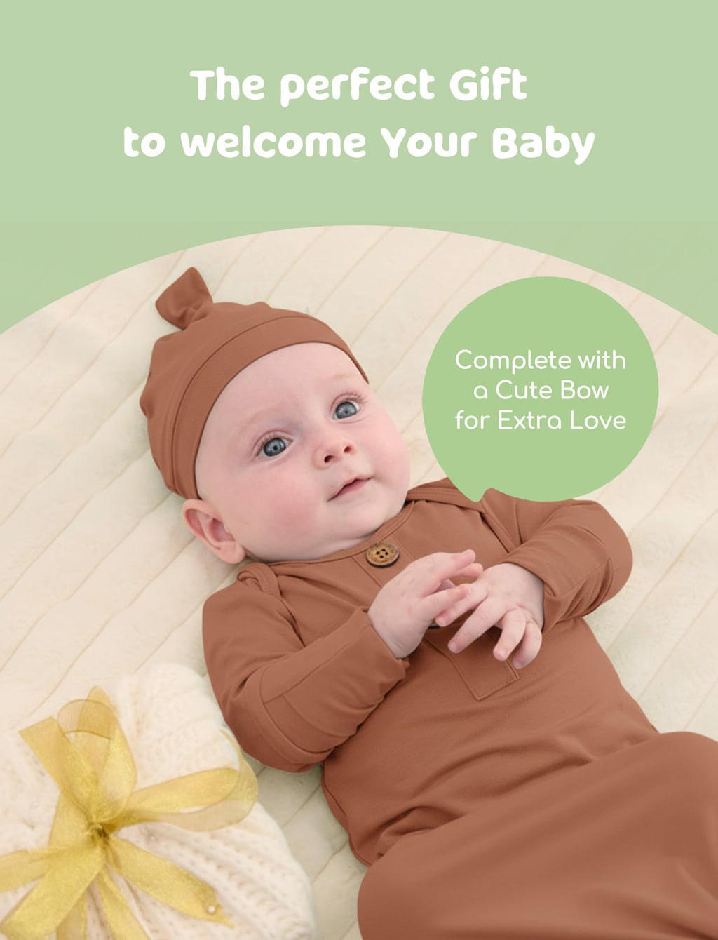 PATPAT Baby Sleeper Gown with Bamboo Viscose for Newborn Girls Boys, Knotted Nightgown with Mittens for Infant Home Coming, Brown-Hat, 0-3M
