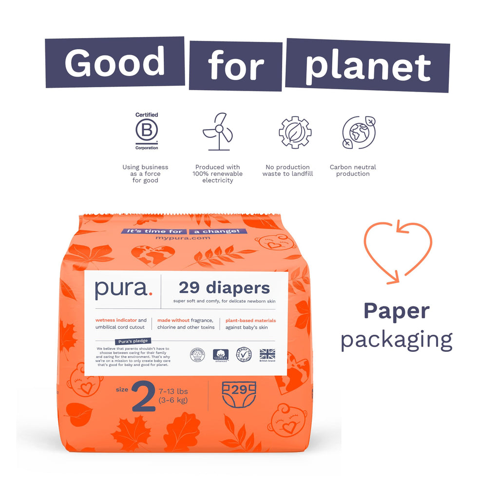 Pura Hypoallergenic Diapers Size 2 (7-13 lbs) Monthly Pack, Totally Chlorine Free, Wetness Indicator, Suitable for Sensitive Skin, Soft Organic Cotton Comfort, Overnight, 6 Packs of 29 (174 Diapers)