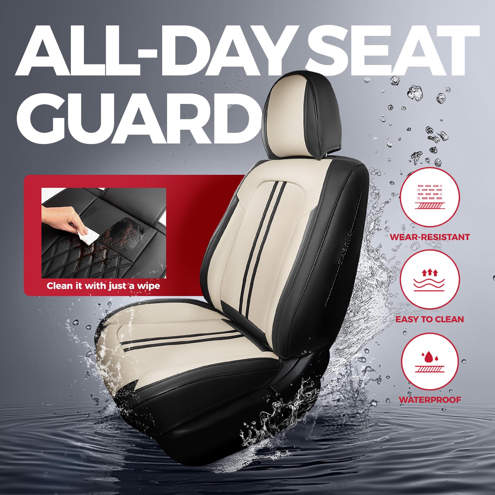 FREESOO Leather Seat Covers Full Set for Cars Trucks SUV, Beige Black