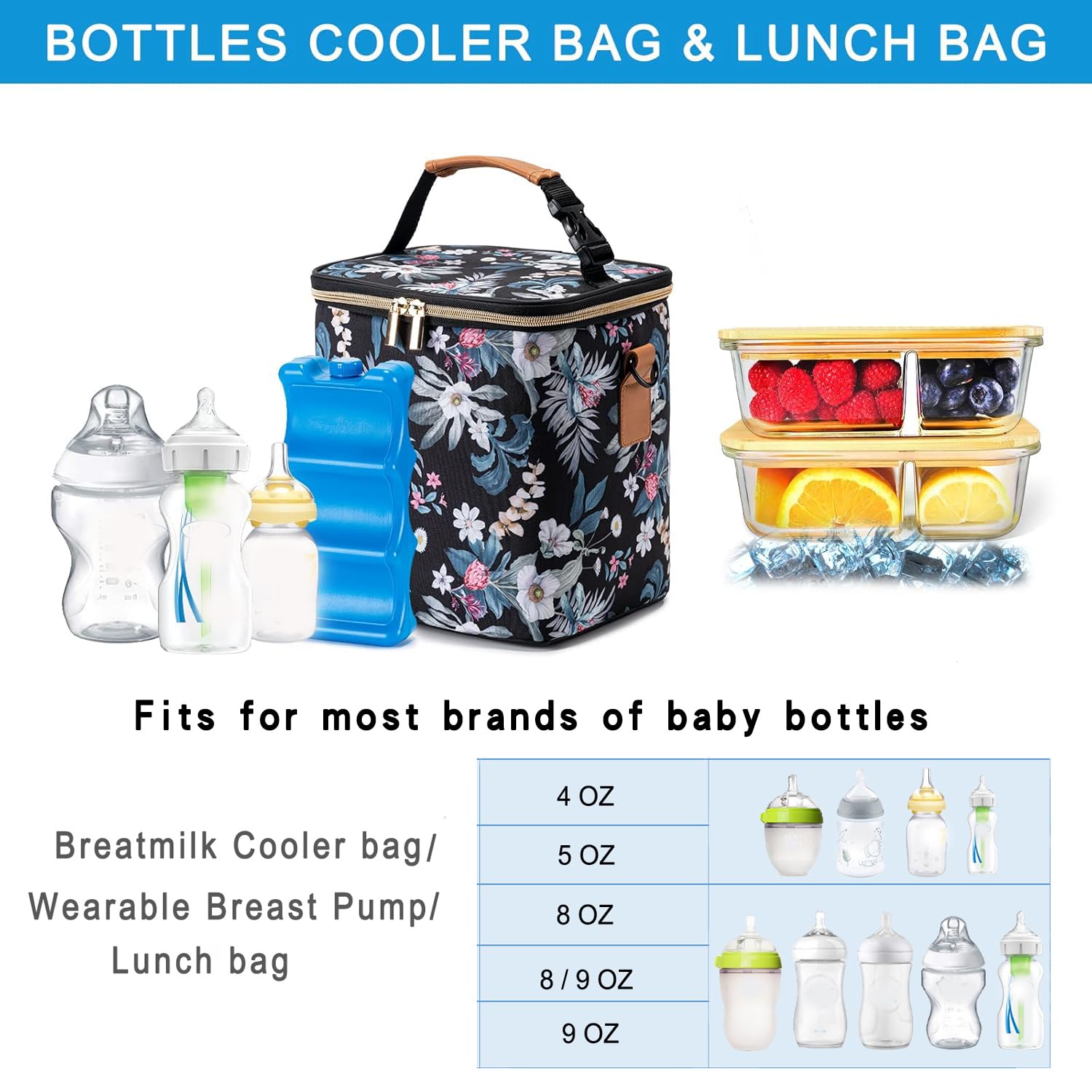 BABEYER Breastmilk Cooler Bag with Ice Pack Fits 6 Baby Bottles Up to 9 Ounce, Baby Bottle Bag with Shoulder Strap for Nursing Mom Daycare, Floral