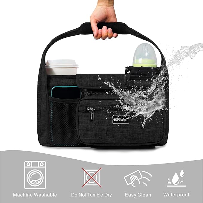TOPDesign Universal Baby Stroller Organizer, Stroller Caddy with Detachable Mesh Bag & Heightened Insulated Cup Holders & Non-Slip Secure Hooks Accessories, Fits Most Strollers (Black)