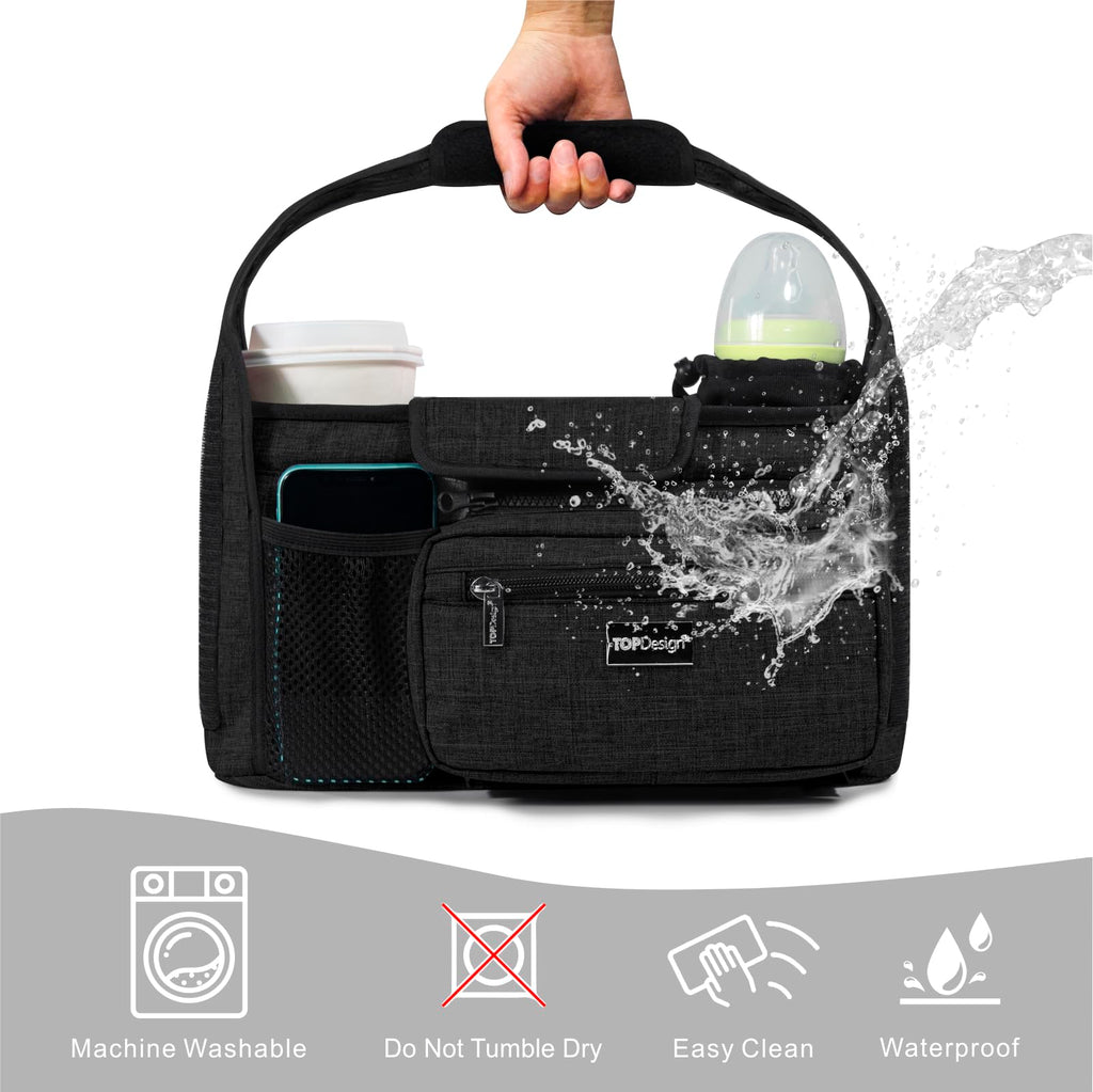 TOPDesign Universal Baby Stroller Organizer, Stroller Caddy with Detachable Mesh Bag & Heightened Insulated Cup Holders & Non-Slip Secure Hooks Accessories, Fits Most Strollers (Dogs)
