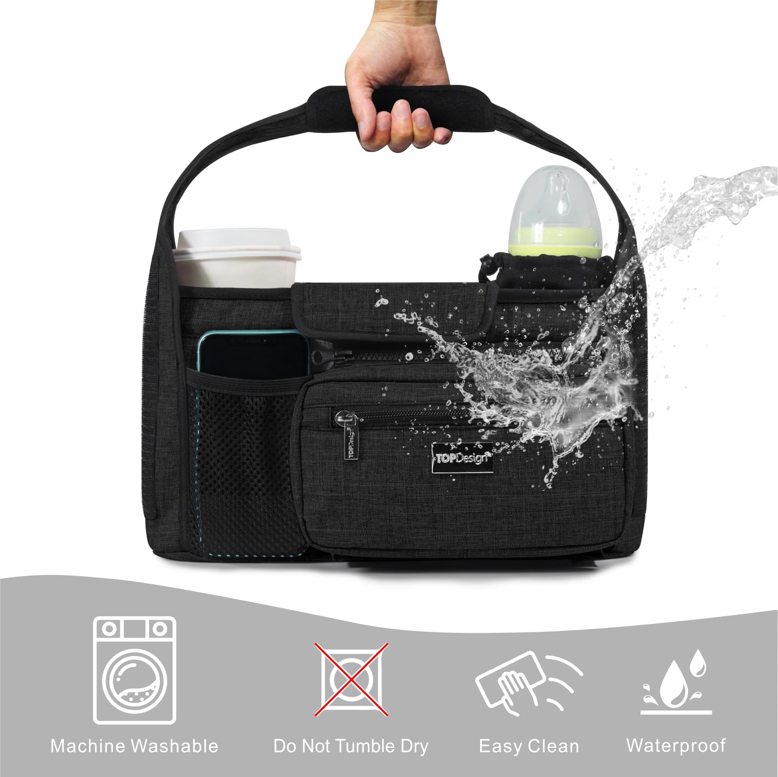 TOPDesign Universal Baby Stroller Organizer, Stroller Caddy with Detachable Mesh Bag & Heightened Insulated Cup Holders & Non-Slip Secure Hooks Accessories, Fits Most Strollers (Dogs)