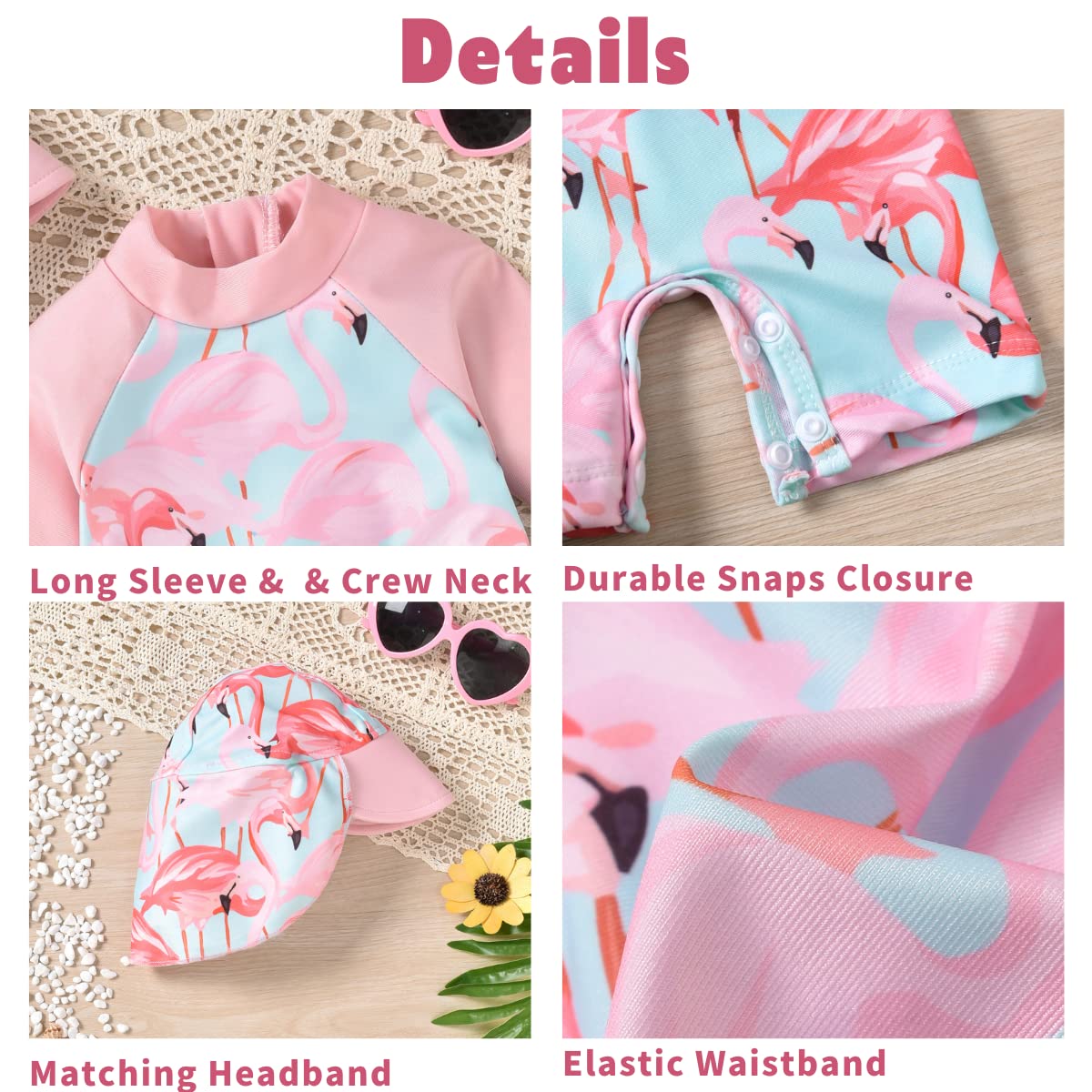 0-3 Months Newborn Infant Baby Girls One Piece Long Sleeve Swimsuit Flamingo Bathing Suit Swimwear Beach Wear Pink