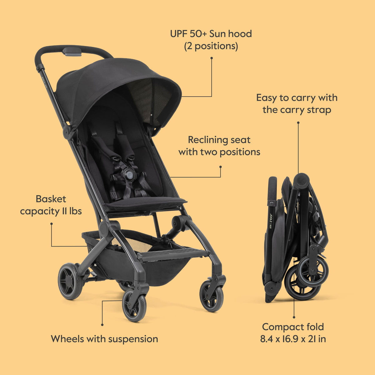Joolz Dot Ultra Lightweight Travel Stroller – Compact Fold, Airplane Compatible, 5-Point Harness, UPF 50+ Canopy – Easy to Carry City & Travel Stroller - Space Black