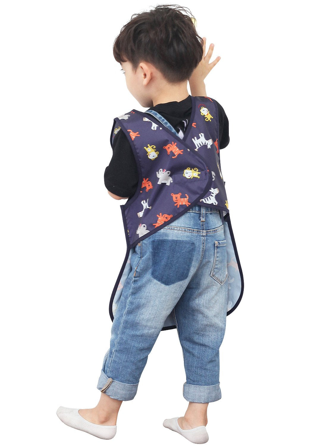Plie Kids Painting Apron – Waterproof Art Smock for Toddlers & Preschoolers, Messy Play, Baking, Crafts, Cooking, Sensory Activities, Mealtime (Ages 1–10), Navy Animal (03-XL)