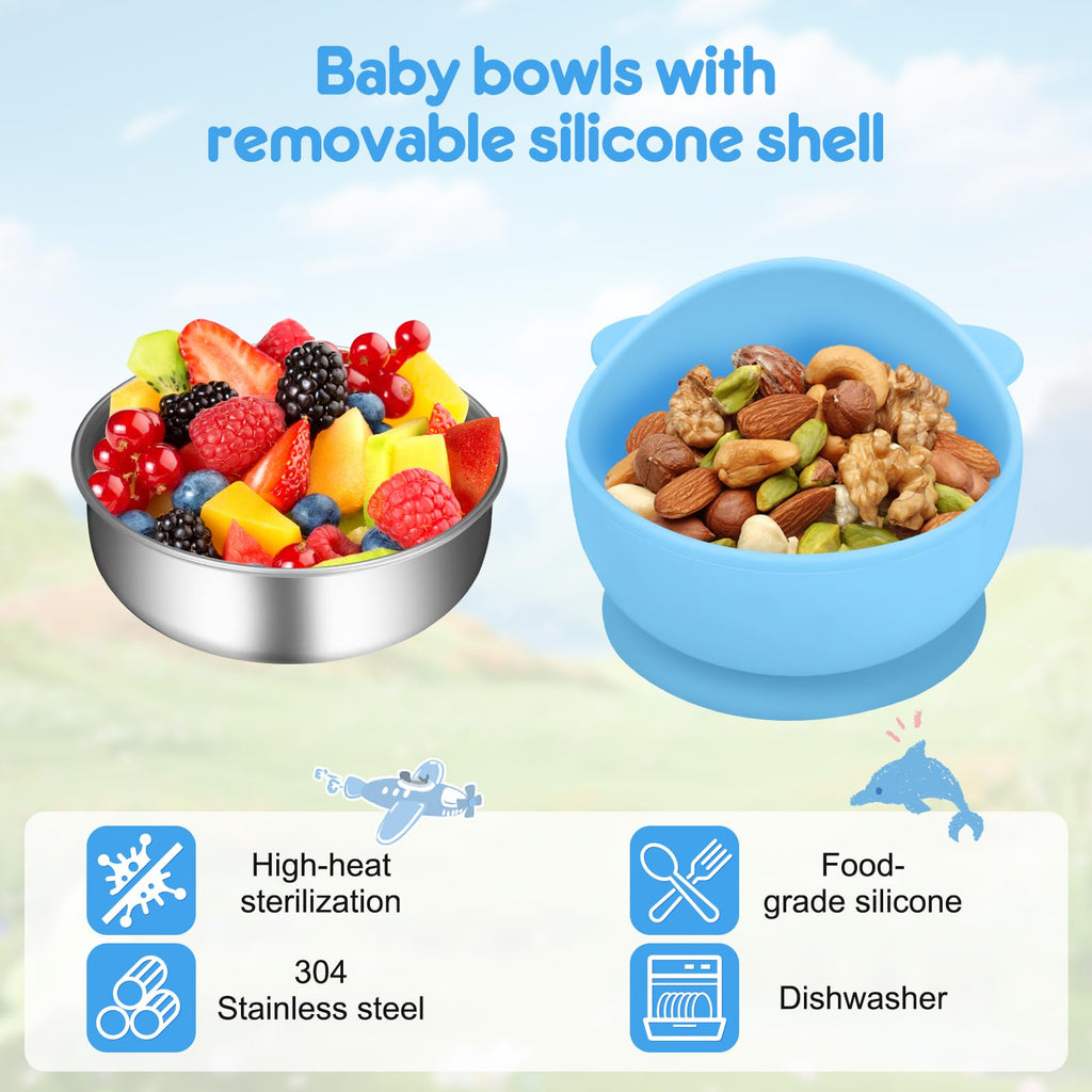 Wesketch 2 Pack Stainless Steel Baby Bowls with Removable Non-Slip Silicone Suction Shell, Anti Scald Food Container for Baby Food Feeding, Forks + Spoons Included-Blue & Pink