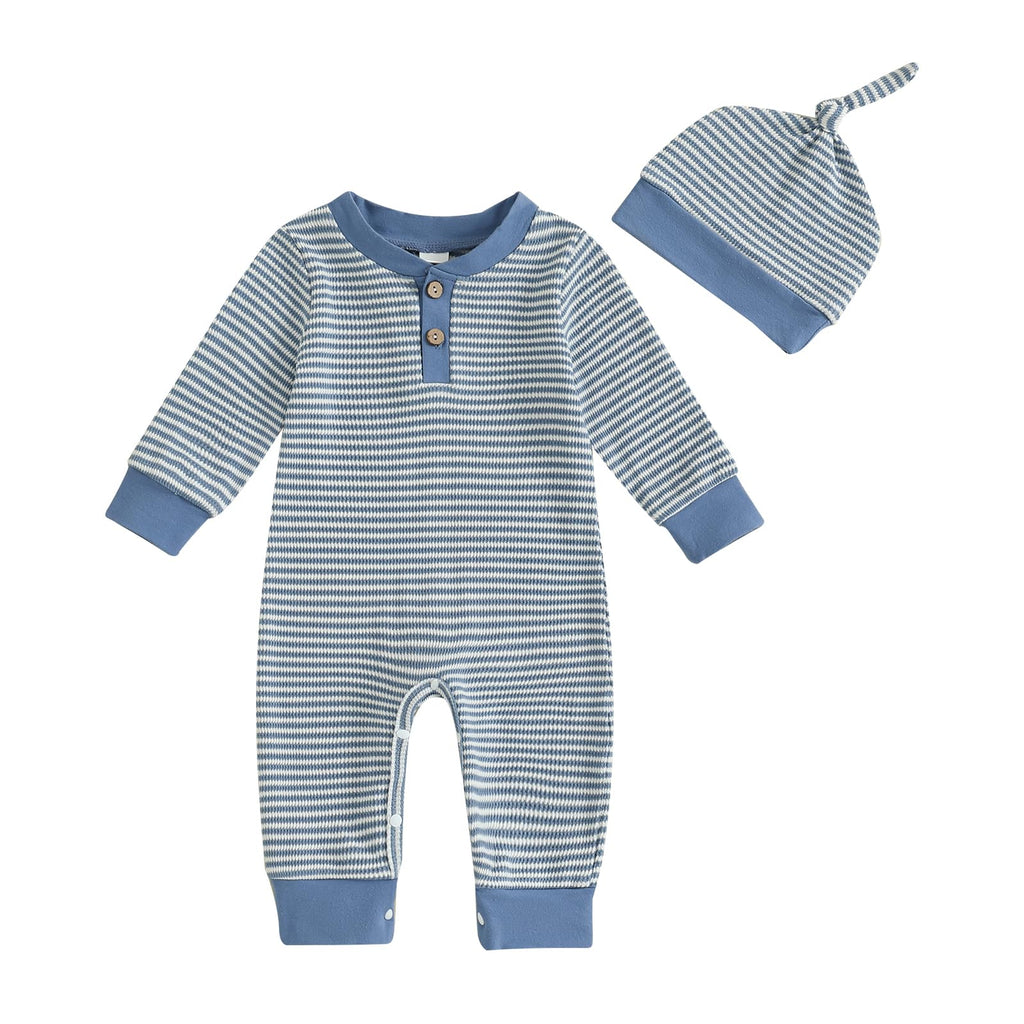 Kuriozud Newborn Infant Unisex Baby Boy Girl Clothes Button Romper Jumpsuit Basic One Piece Outfits Striped Long Sleeve with Hat Blue, Newborn