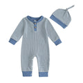Kuriozud Newborn Infant Unisex Baby Boy Girl Clothes Button Romper Jumpsuit Basic One Piece Outfits Striped Long Sleeve with Hat Blue, 3-6 Months