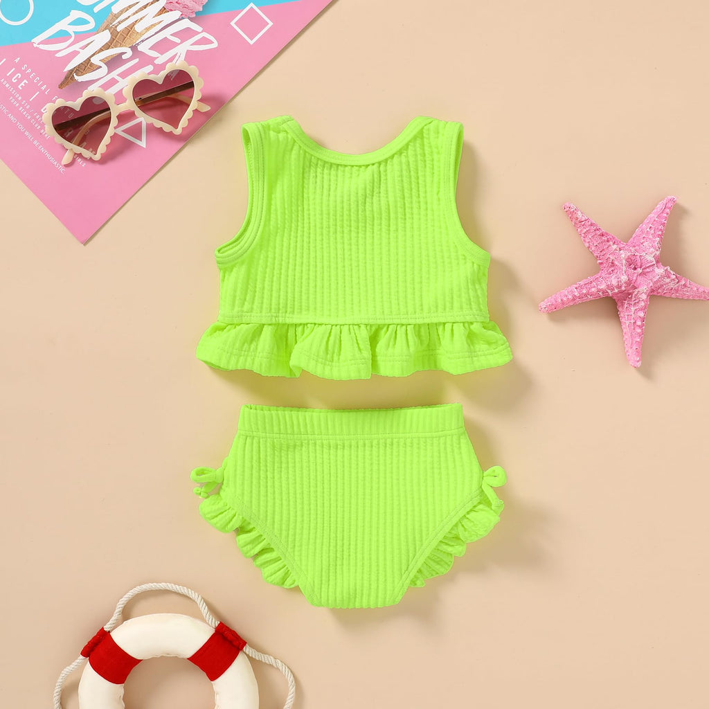 HAPPYMA Baby Swimsuit Toddler Girl Bathing Suit Summer Solid Color Bikini Set Beach Two Piece Swim Wear (Bright Yellow, 6-12 Months)