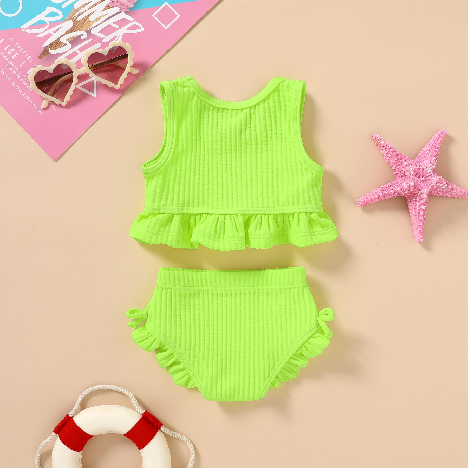 HAPPYMA Baby Swimsuit Toddler Girl Bathing Suit Summer Solid Color Bikini Set Beach Two Piece Swim Wear (Bright Yellow, 6-12 Months)