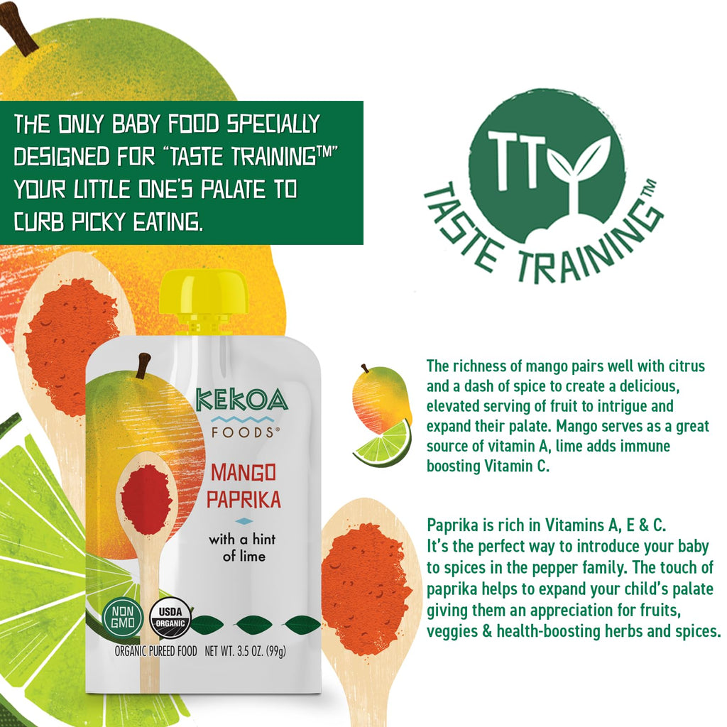 Kekoa Foods Mango Paprika Baby Food Purée | 100% USDA Certified-Organic, No Sugar Added | Organic, Non-GMO, Gluten-Free, Vegan | Sweet Mango with Lime & Mild Paprika | 3.5 oz Squeeze Pouch
