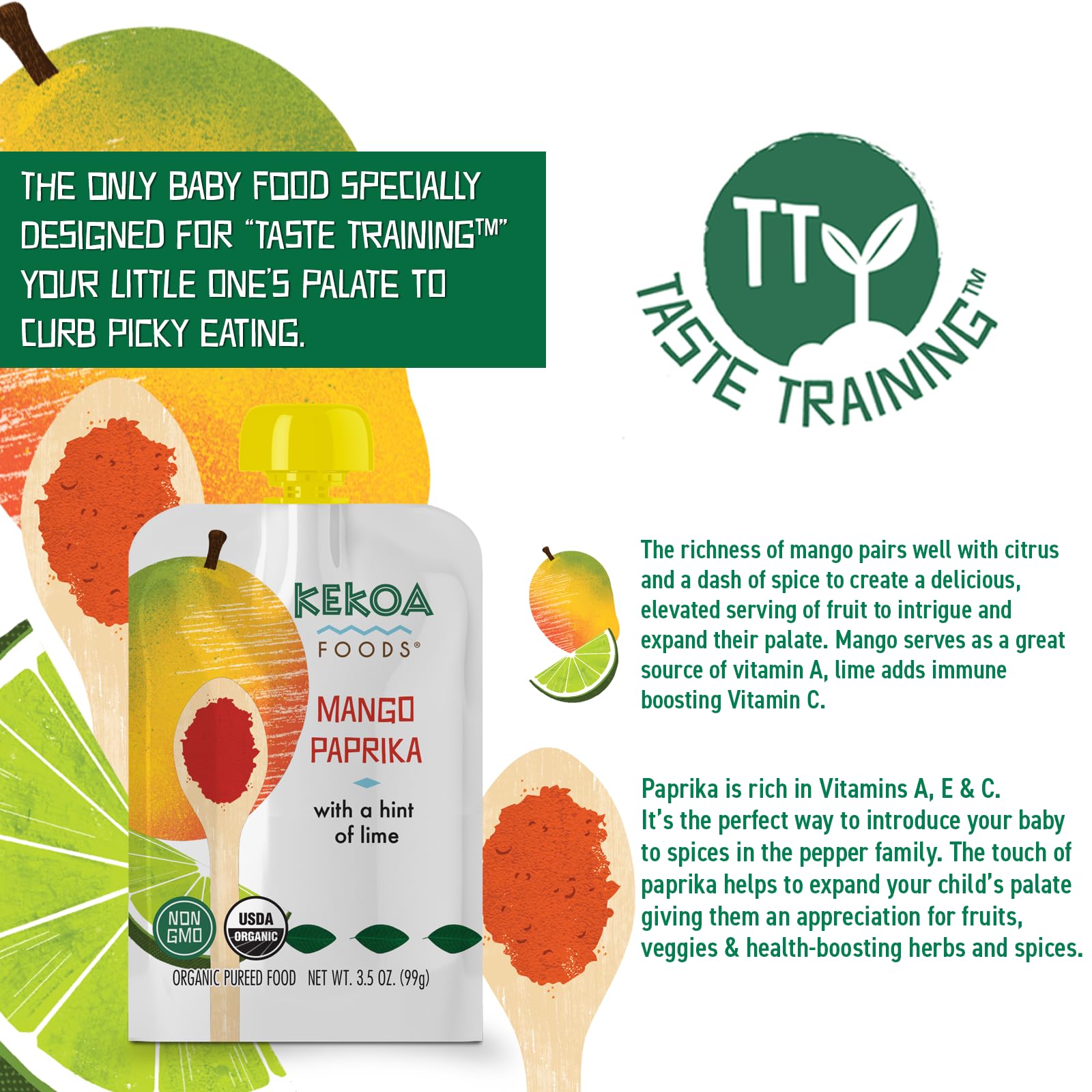 Kekoa Foods Mango Paprika Baby Food Purée | 100% USDA Certified-Organic, No Sugar Added | Organic, Non-GMO, Gluten-Free, Vegan | Sweet Mango with Lime & Mild Paprika | 3.5 oz Squeeze Pouch