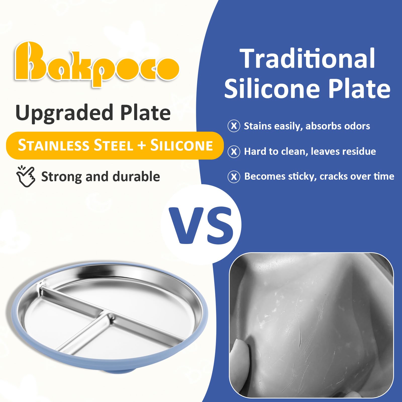 Bakpoco Stainless Steel Suction Plates for Toddlers, 9" Divided Kids Baby Plates with Removable Silicone Suction, Non Toxic Non Slip Portion Control Snack Dishes 4 Packs, Blue Green Gray Pink