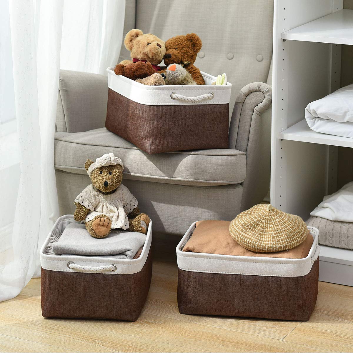 Sacyic Large Storage Baskets for Shelves, Fabric Baskets for Organizing, Collapsible Storage Bins for Closet, Nursery, Clothes, Home & Office [3-Pack, White&Brown]