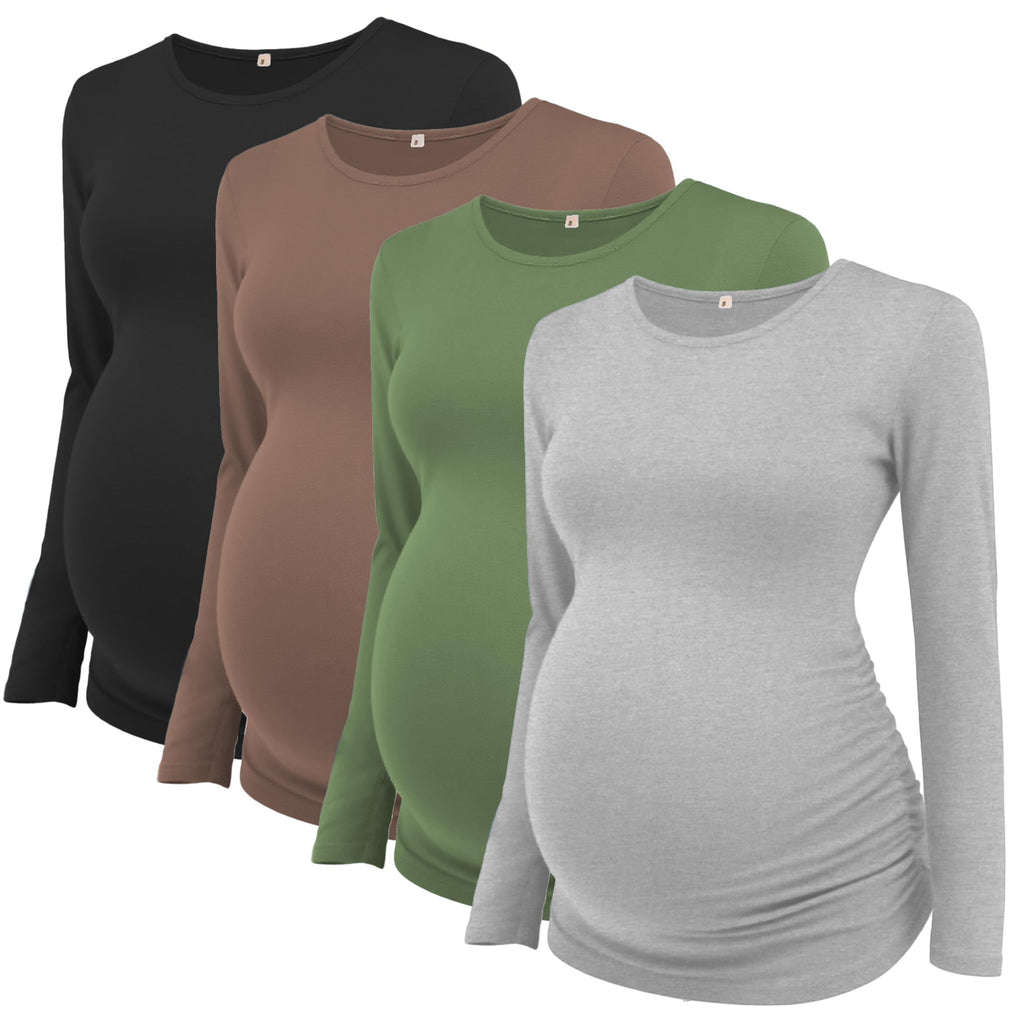 Ecavus Women's 4-Pack Maternity Shirts Long Sleeve Soft Stretchy Pregnancy Tops Side Ruched Casual Mama Clothes