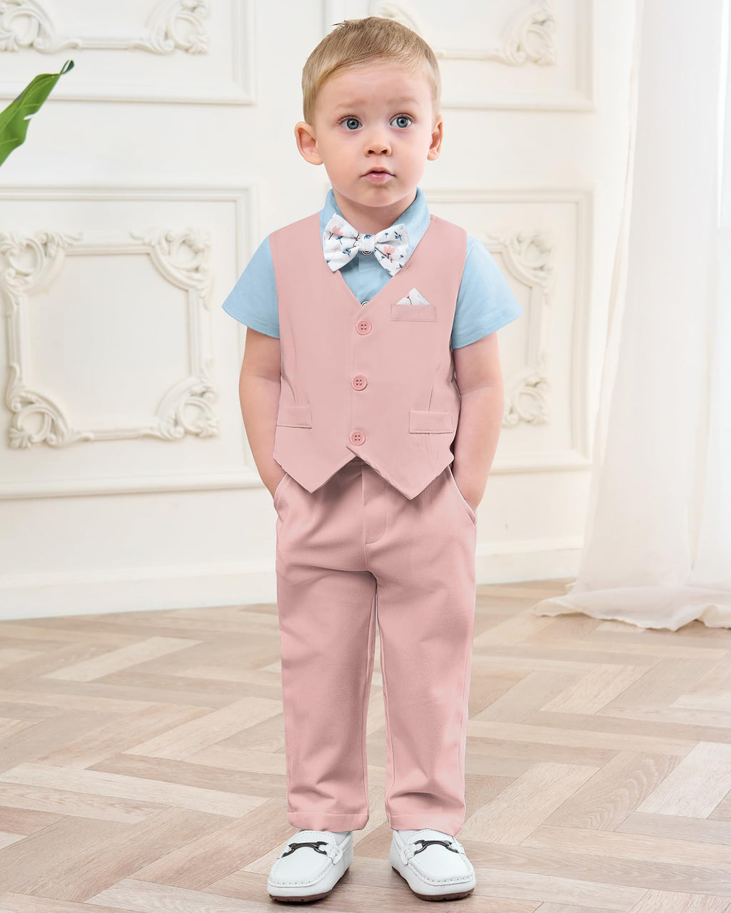 DISAUR Baby Boy Formal Outfits Short Sleeve Infant Blue Shirt Pink Vest Pants Bow Tie Baby First Halloween Outfit Boy 18 24 Months 2t