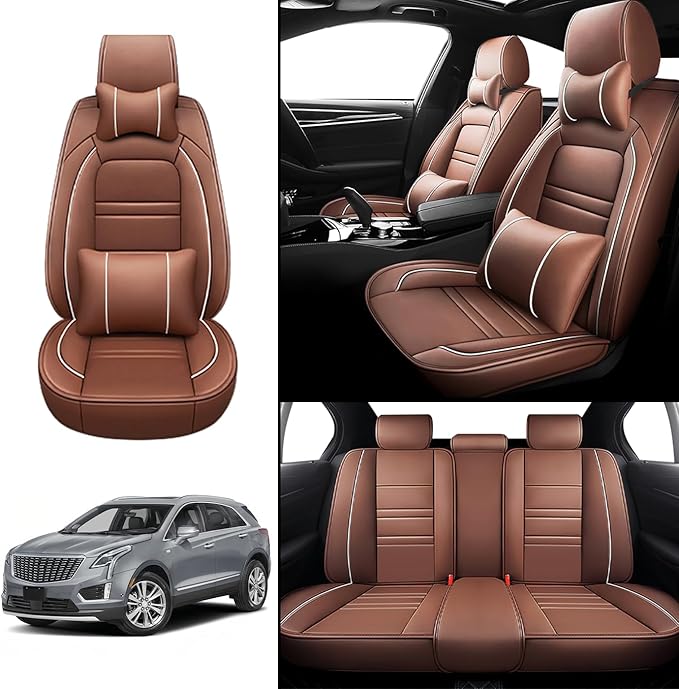 Car Seat Covers for Cadillac xt5 2017-2025 | 5-Seats Seat Covers, Waterproof Seat Protectors, Automotive Seat Covers (Full Set with Pillow,Coffee)