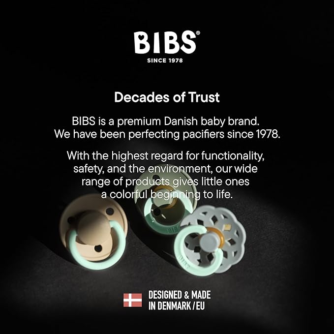 BIBS Pacifiers Colour Collection | Natural Rubber Baby Pacifier | Round Nipple | Set of 2 BPA-Free Soothers | Made in Denmark | 18+ Months (Pack of 2) | Vanilla Night