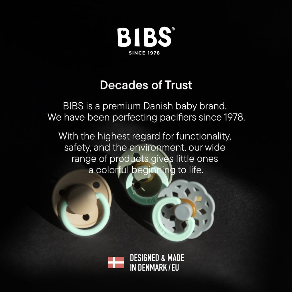 BIBS Pacifiers Colour Collection | Natural Rubber Baby Pacifier | Set of 2 BPA-Free Soothers | Made in Denmark | 0+ Months (Pack of 2) | Blush Night/Vanilla Night