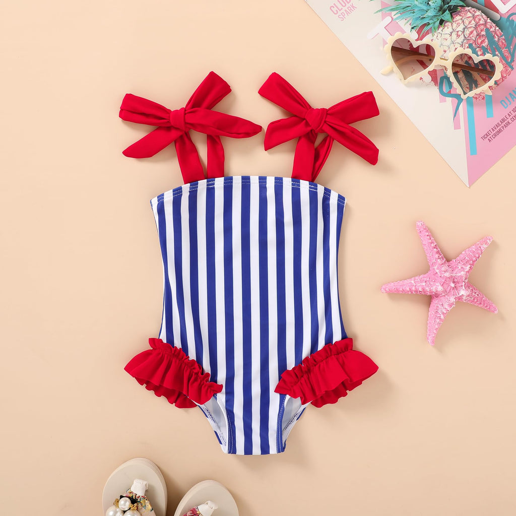 Happy Town Toddler Swimsuit Girl Solid Color Stripe One-Piece Baby Bathing Suits (Blues and Reds, 12-18 Months)