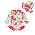 Infant Baby Girls Long Sleeve One Piece Swimsuit with Hat Floral Zipper Bathing Suit Leopard Beach Wear(Rose Red Edged Big Flower，18-24Months)
