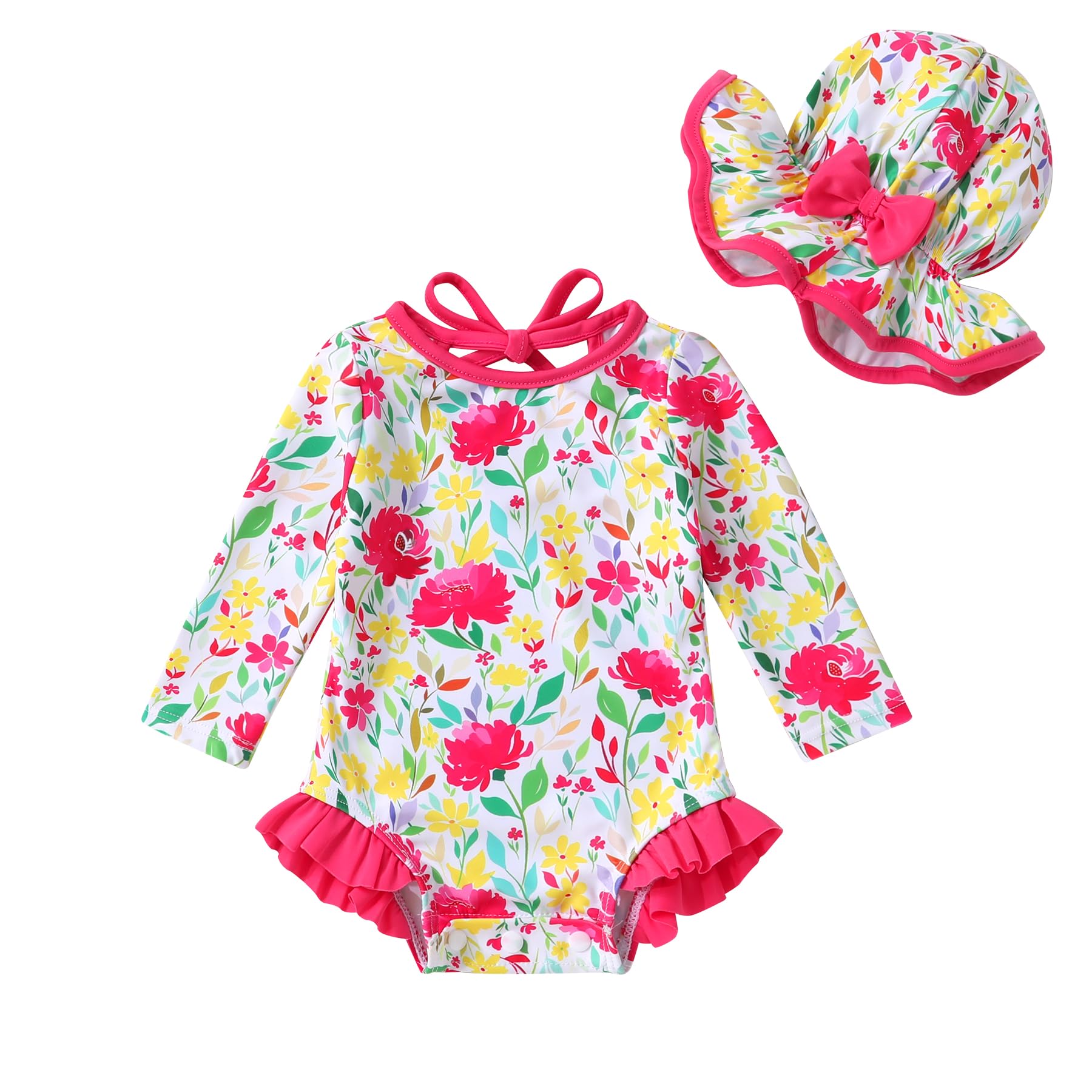 Infant Baby Girls Long Sleeve One Piece Swimsuit with Hat Floral Zipper Bathing Suit Leopard Beach Wear(Rose Red Edged Big Flower，18-24Months)