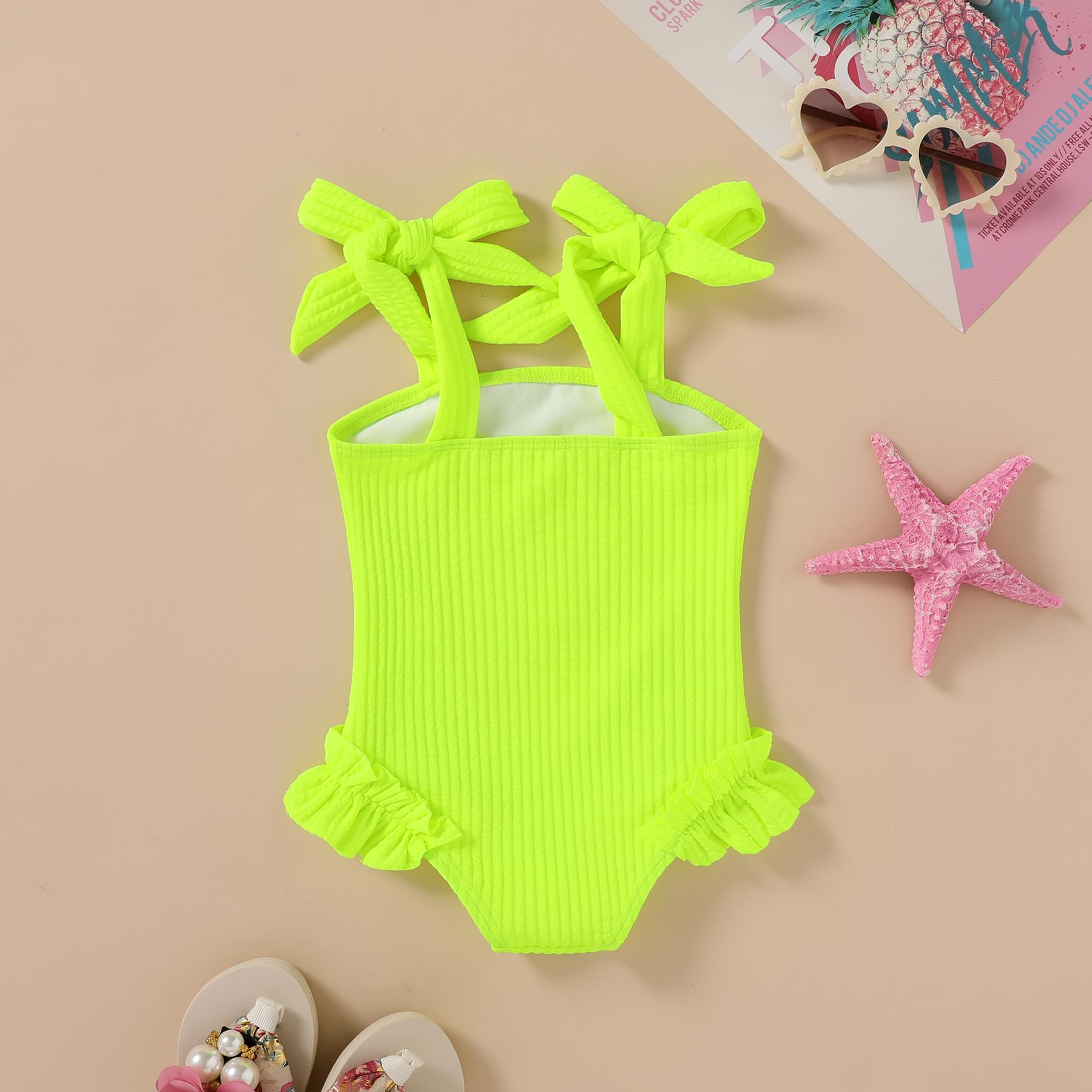Happy Town Toddler Swimsuit Girl Solid Color Stripe One-Piece Baby Bathing Suits (Fluorescent Green, 3-6 Months)