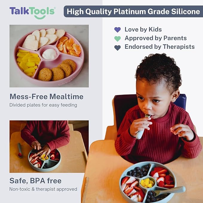 Talktools Bitsy Feeding Kid's Essentials Plate Set – Toddler Utensils, Spoon and Fork, Plate Lid, Perfect for Mealtime – Strong Suction Toddler Plates with 4 Compartments (Set-Bubblegum)