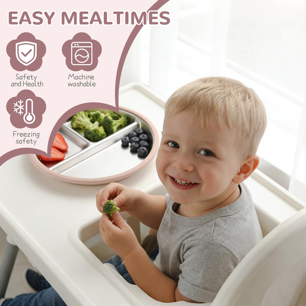 SPMKTQK 3 Pack Stainless Steel Kids Plates, Suction Divided, Baby Feeding