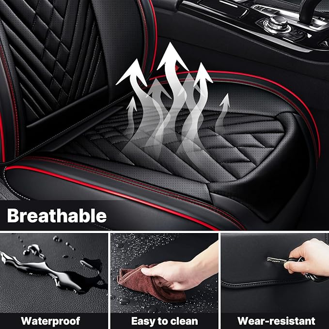 Universal Leather Auto Seat Cover - 5 Seat, Front and Rear, Black & Red