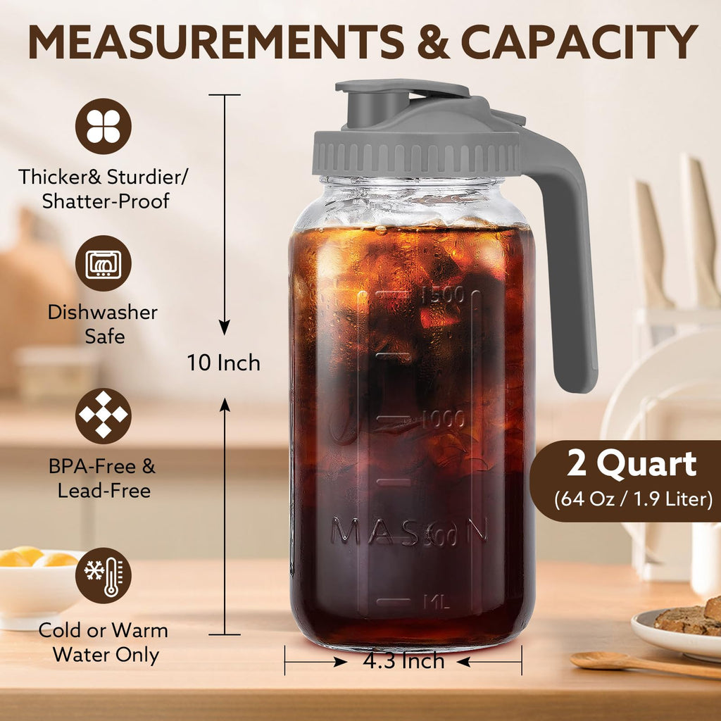 Mihlapi Glass Pitcher with Lid, 64 OZ Mason Jar Pitcher Double Leak Proof, 2 Quart Breast Milk Storage Containers for Fridge, Wide Mouth Glass Jar for Sun Tea, Juice, Cold Brew Coffee