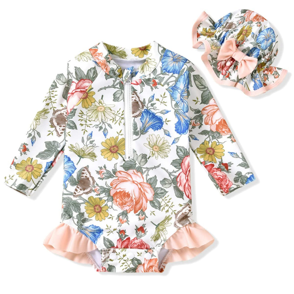 Infant Baby Girls One Piece Long Sleeve Swimsuit Floral Bathing Suit Zip Up Swimwear Beach Wear 6-12 Months Pink