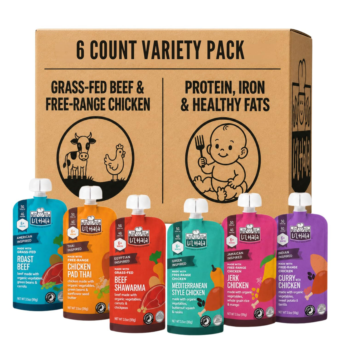 Li’l Hala Baby Food Meat Pouches, Chicken & Beef Meat Purees with Organic Veggies, Protein, Iron & Fiber, Stage 2 Baby Food, On-the-Go Toddler Meals, Variety 6 Pack