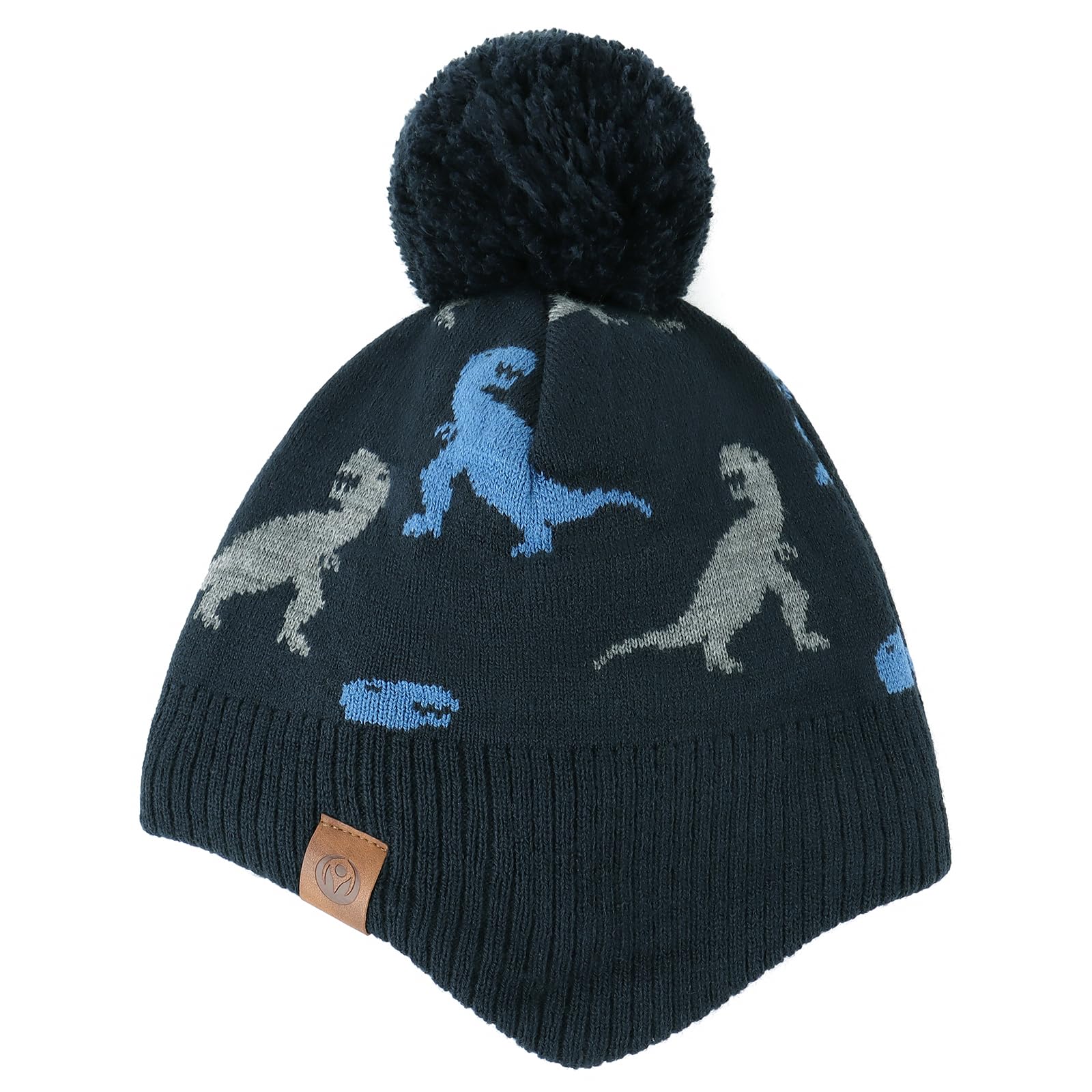 Duoyeree Kids Beanie Dinosaur Pom Pom Knit Winter Hat Fleece Lined for 1-7T