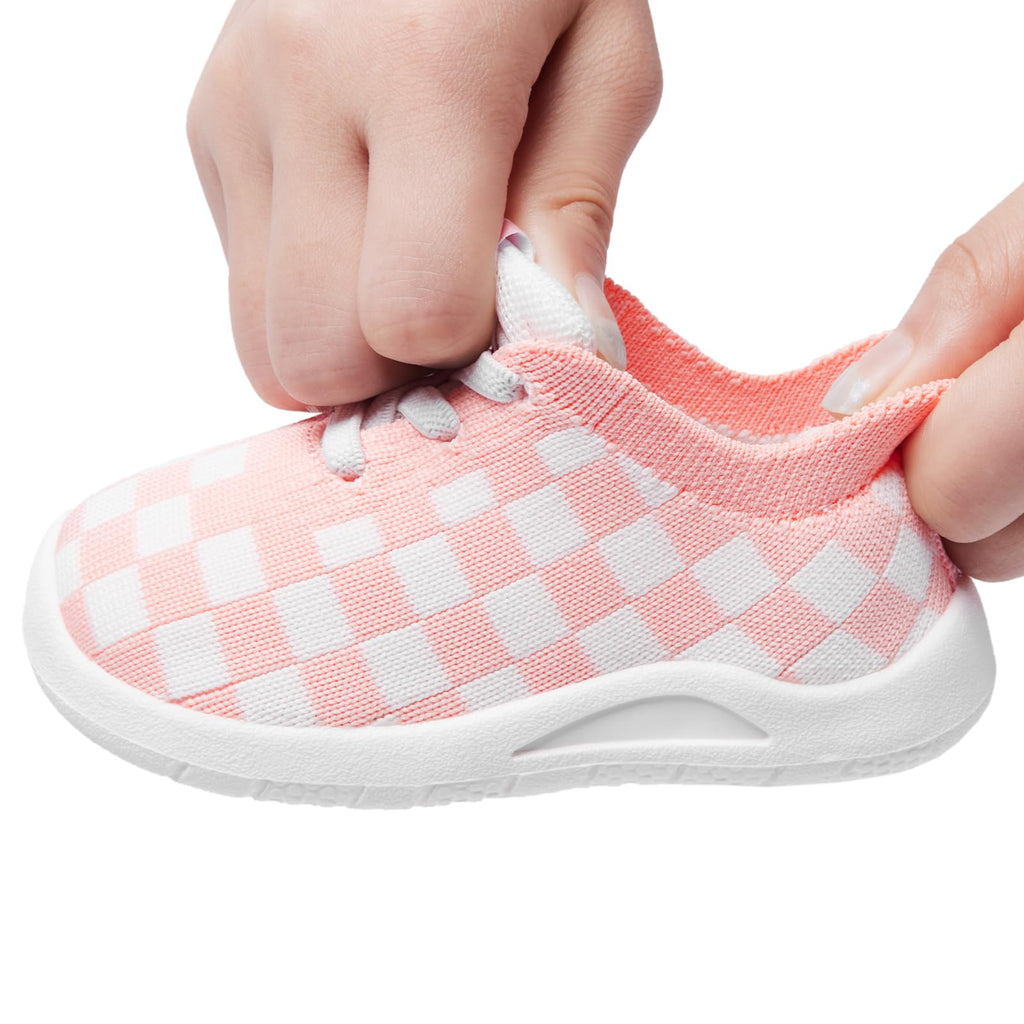 MORENDL Toddler Shoes Baby Walking Sock Shoes Infant Sneakers Boy Girl Barefoot Tennis Shoe Non-Slip Brethable Pink Check 12-15 Months