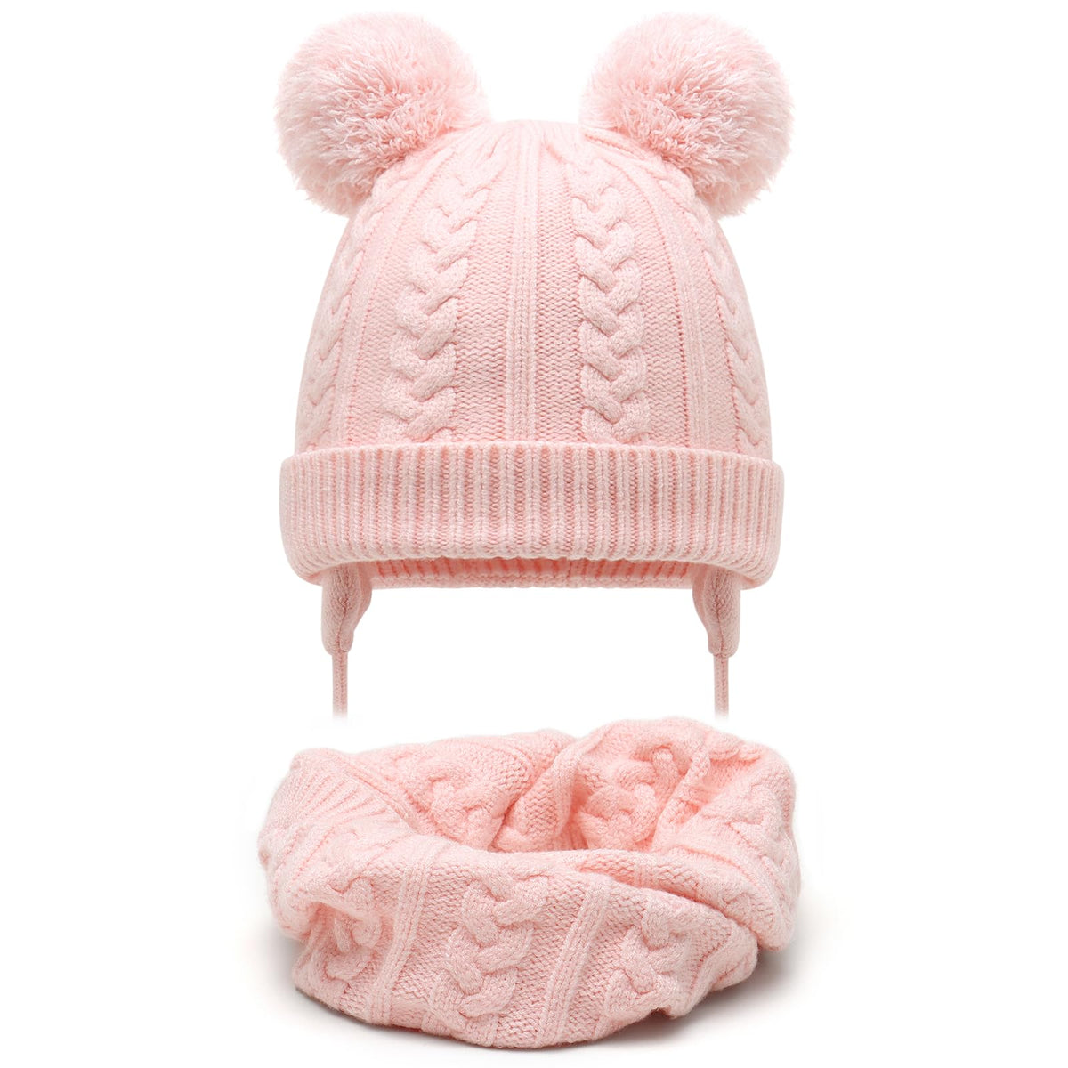 Duoyeree Toddler Winter Hat, Earflap Double Pom Pom Knit Beanie 0-36M