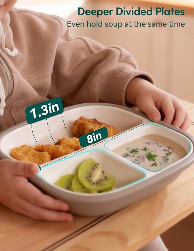 BABELIO 8'' Toddler Porcelain Plates with Silicone Suction Sleeves, Lead & BPA Free, Divided, Microwave & Dishwasher Safe, Stay Put, Suitable for Kids/Babies, 3 Pack