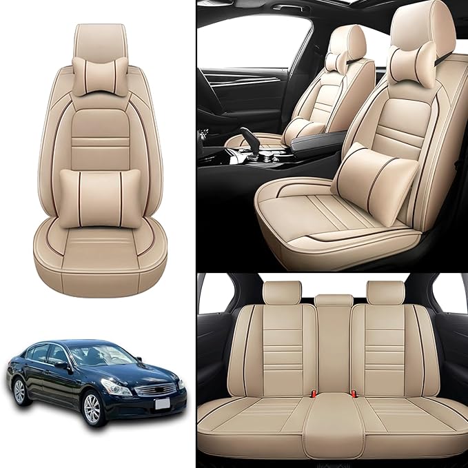 Car Seat Covers for Infiniti g35 2003-2008 | 5-Seats Seat Covers, Waterproof Seat Protectors, Automotive Seat Covers (Full Set with Pillow,Beige)