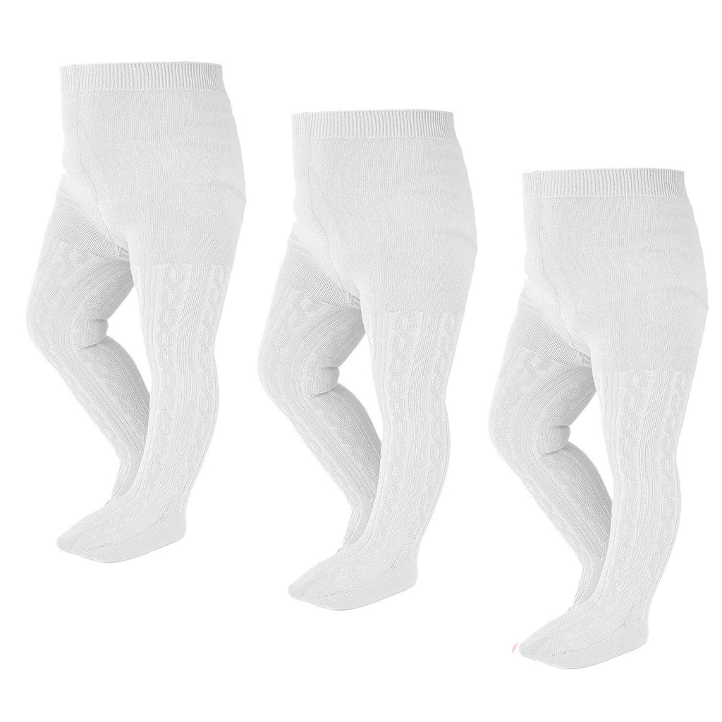 EPEIUS Toddler Girl Tights Baby Girls Seamless Cable Knit Leggings Solid Cotton Stockings Footed Pants for 12-24 Months 3 Pair Pack,White