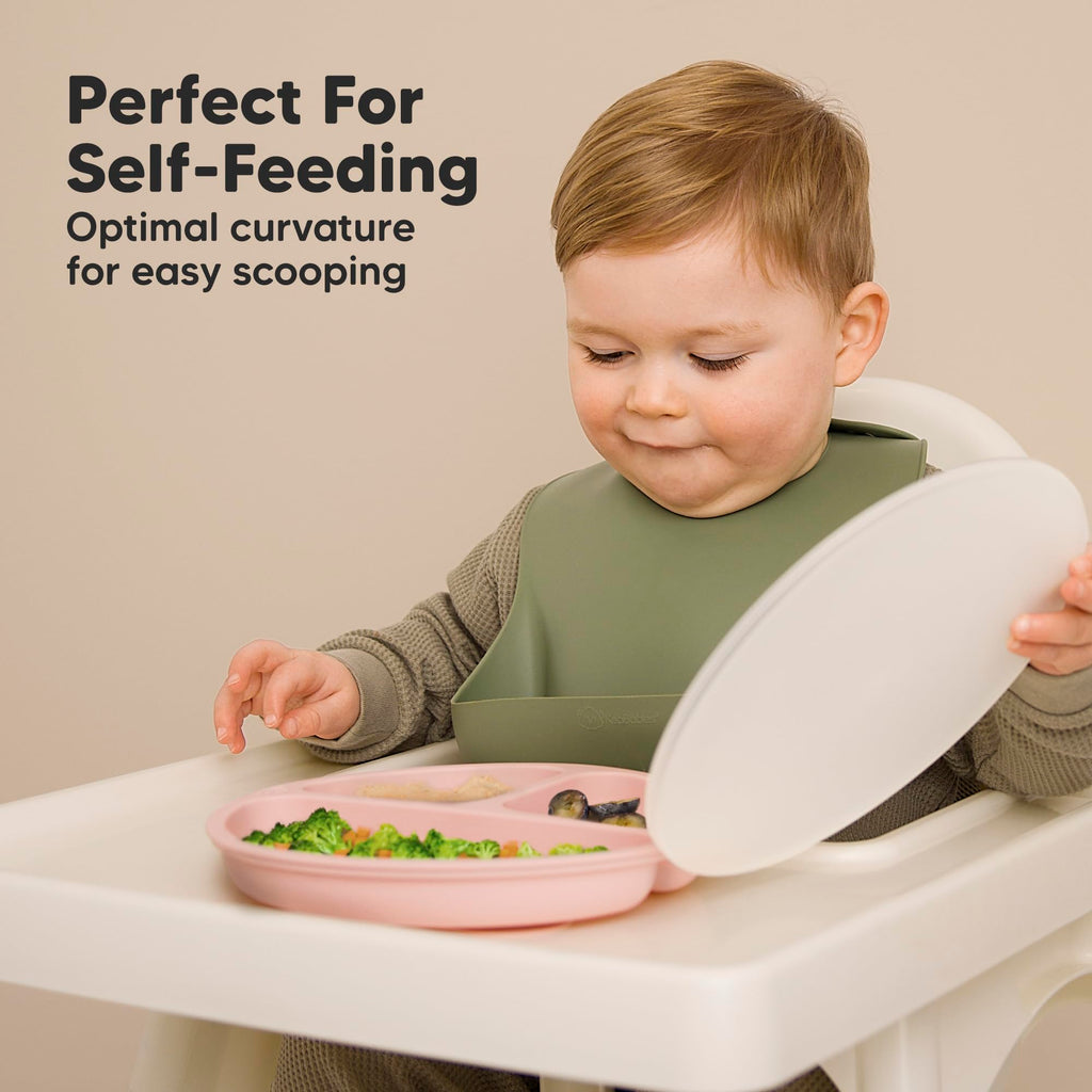 KeaBabies Suction Plates with Lids for Baby, 3pk 100% Silicone (Macaron)
