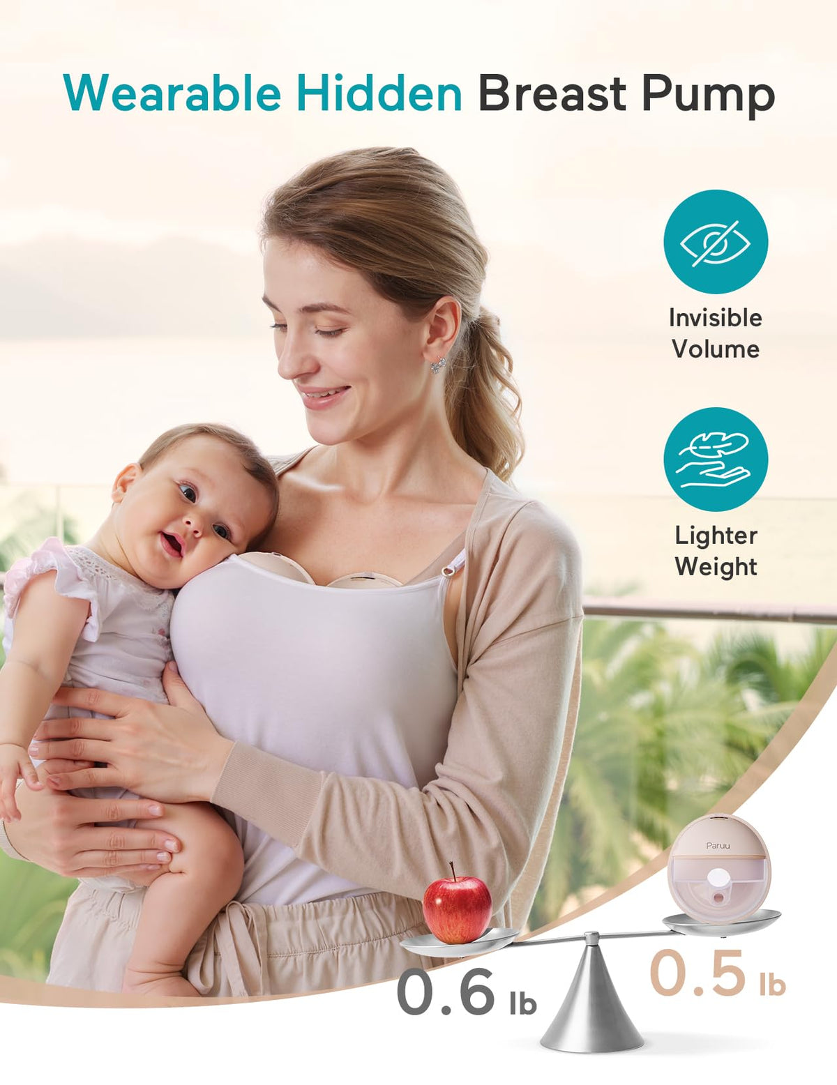 Paruu Hands Free Breast Pump P16, Wearable Breast Pump Electirc Portable with 4 Modes & 12 Levels, Max 309mmHg Strong Suction 19/21/24mm Flange Inserts Wearable Breastfeeding Pump, 2 Pack（Nude