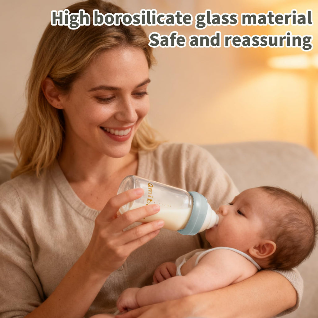 Qmibaby Glass Breastmilk Storage Bottles 180ml 6oz BPA-Free Leak-Proof Natural Baby Bottle for Breastmilk Storage Wide Neck Bottles with Screw Ring Sealing Disk Breastfeeding (Grey, 180ml-2Packs)