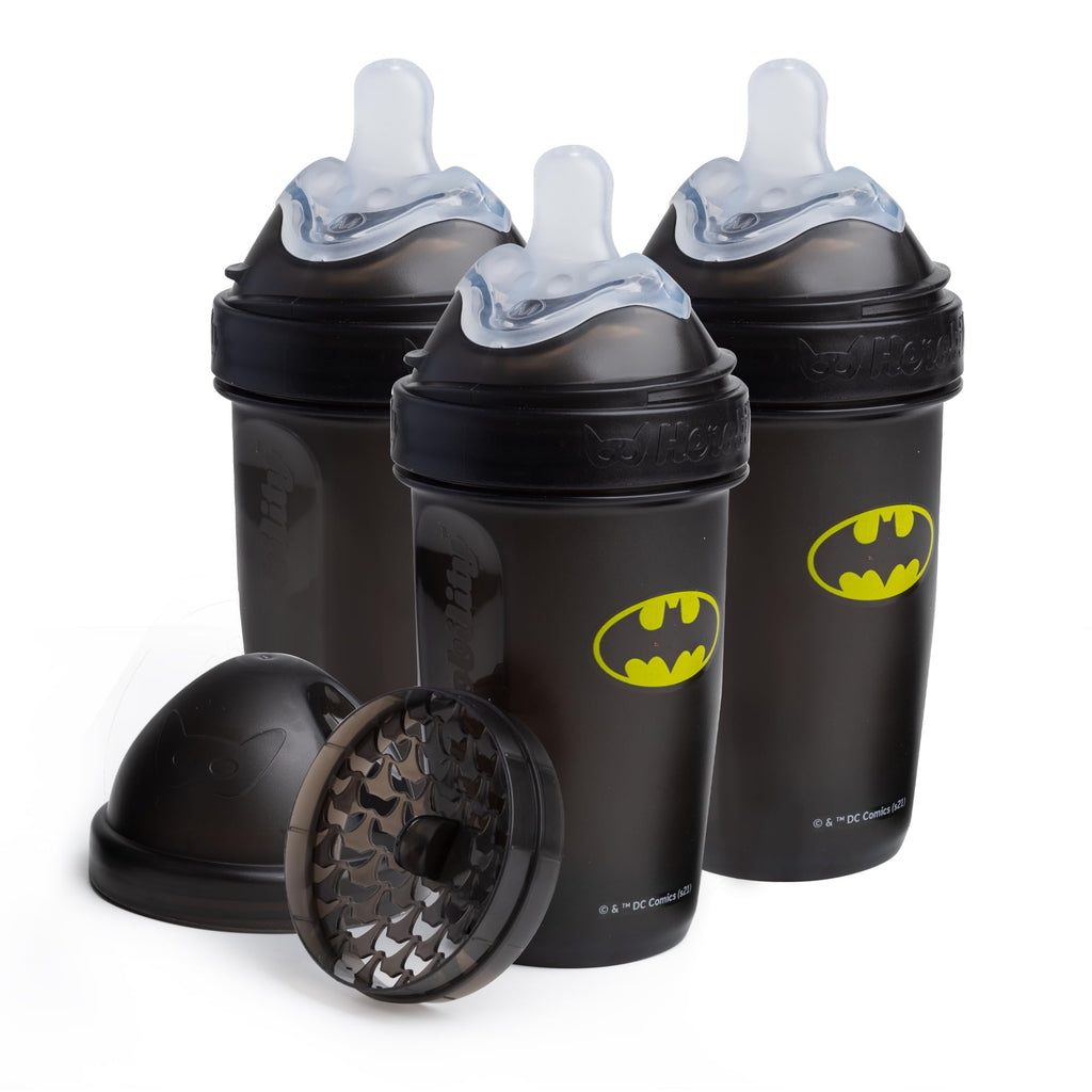 Herobility Anti-Colic Baby Bottles 8.5 fl oz/240ml - Pack of 3 Plastic Baby Bottles, Fast Flow Plastic Bottles, Breast-Shaped Teat for Breastfed Babies, Small Baby Bottles, Swedish Design, Batman
