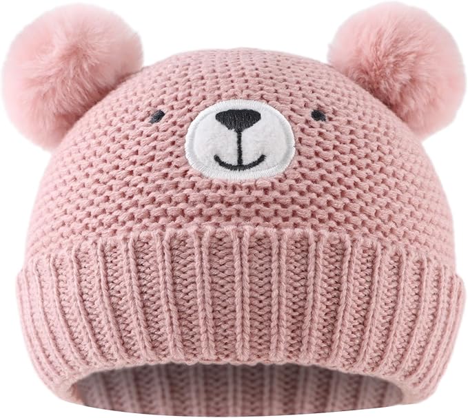 JANGANNSA Cute Bear Baby Beanie Pompom Baby Boys Hat Infant Toddler Winter Knitted Beanies for Girls