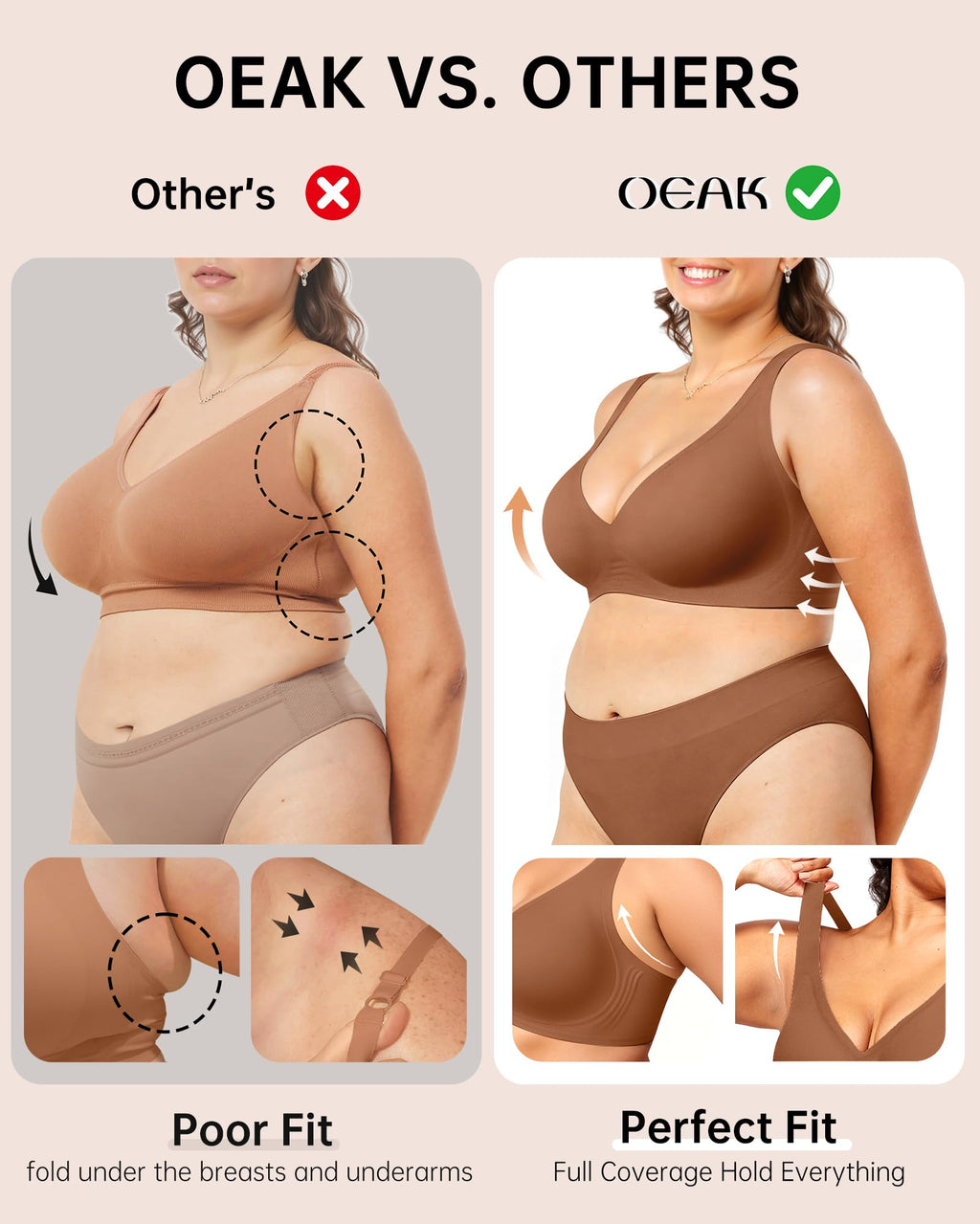OEAK Womens Deep V Bras Wireless Comfortable Bra Supportive No Underwire Bras Tshirt Push Up Bralettes Plunge Seamless Bra Cinnamon M