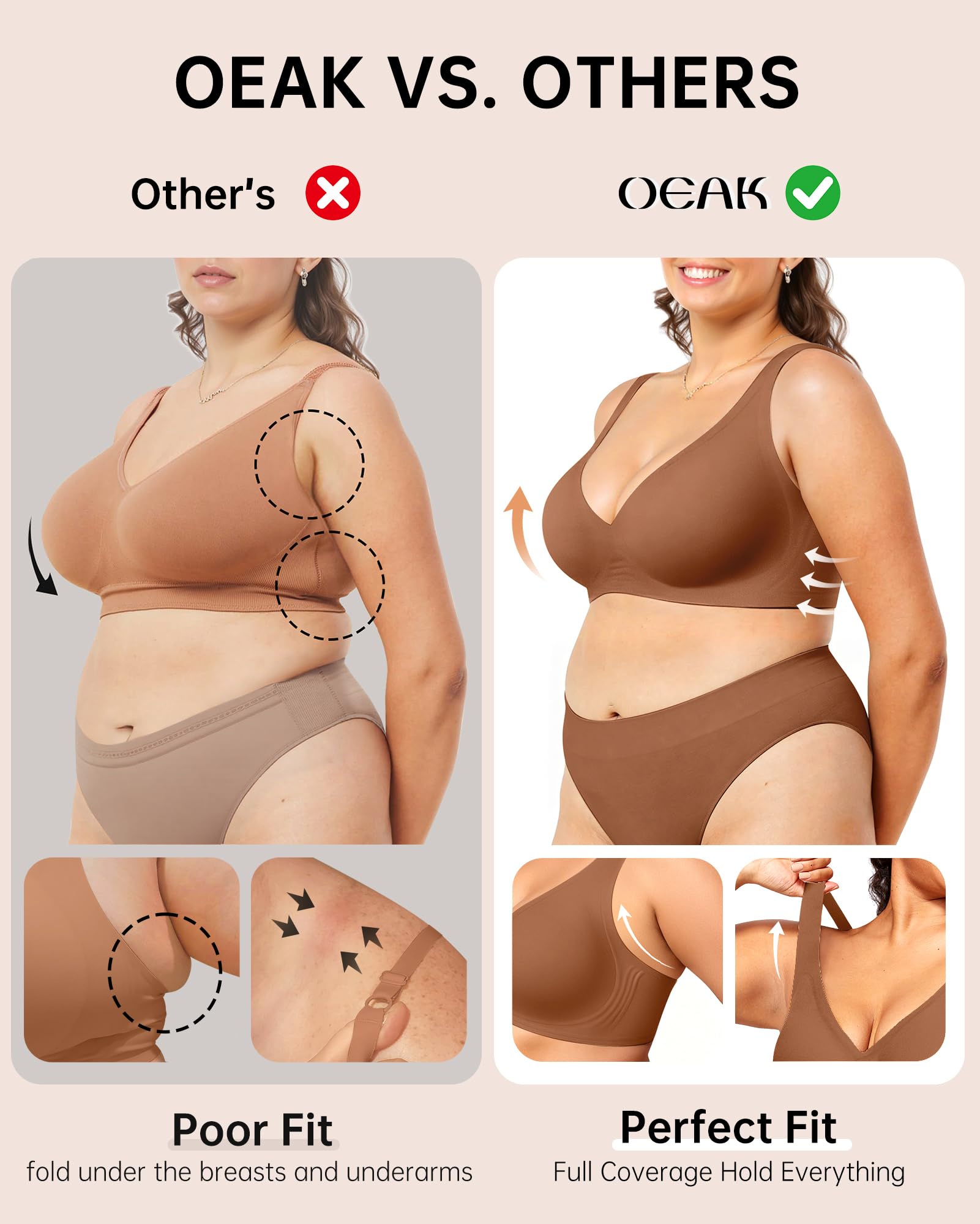 OEAK Womens Deep V Bras Wireless Comfortable Bra Supportive No Underwire Bras Tshirt Push Up Bralettes Plunge Seamless Bra Cinnamon M