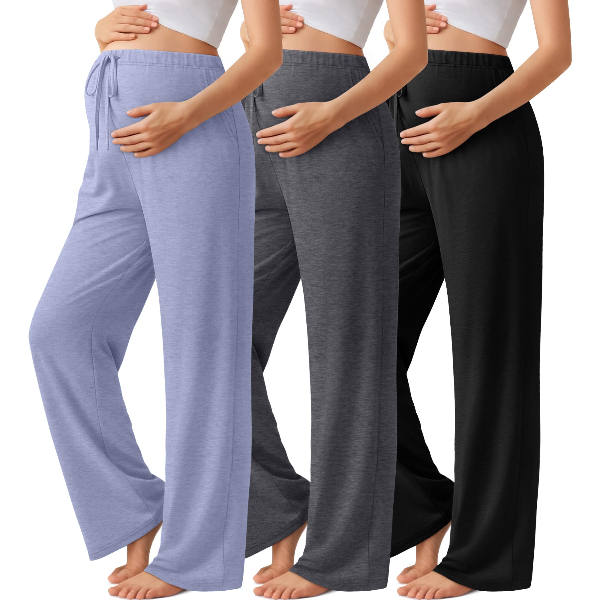 Sweetyweee 3 Pack Maternity Wide Leg Lounge Pants, 3-Color, Medium
